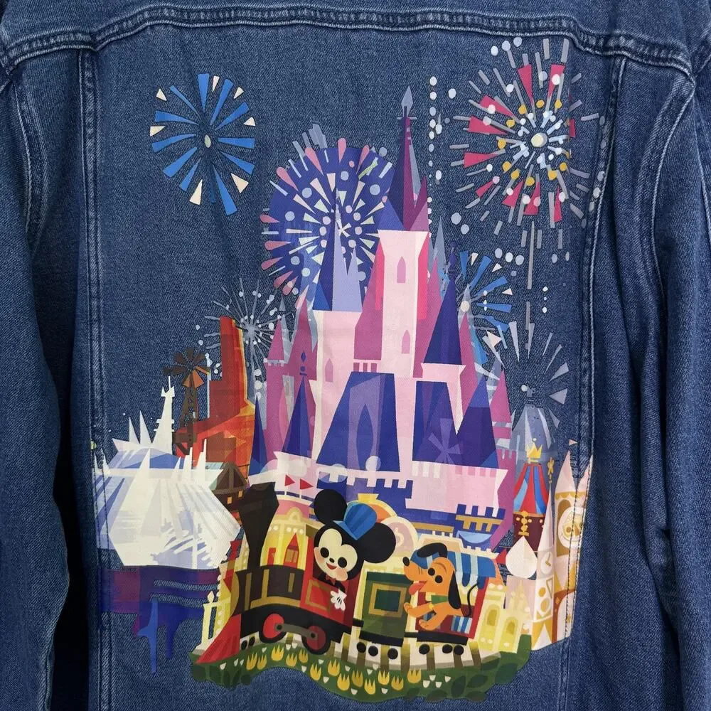 Disney Joey Chou Denim Jacket XXL Mickey Mouse Castle Fireworks Park Art NEW 2X - Picture 10 of 13